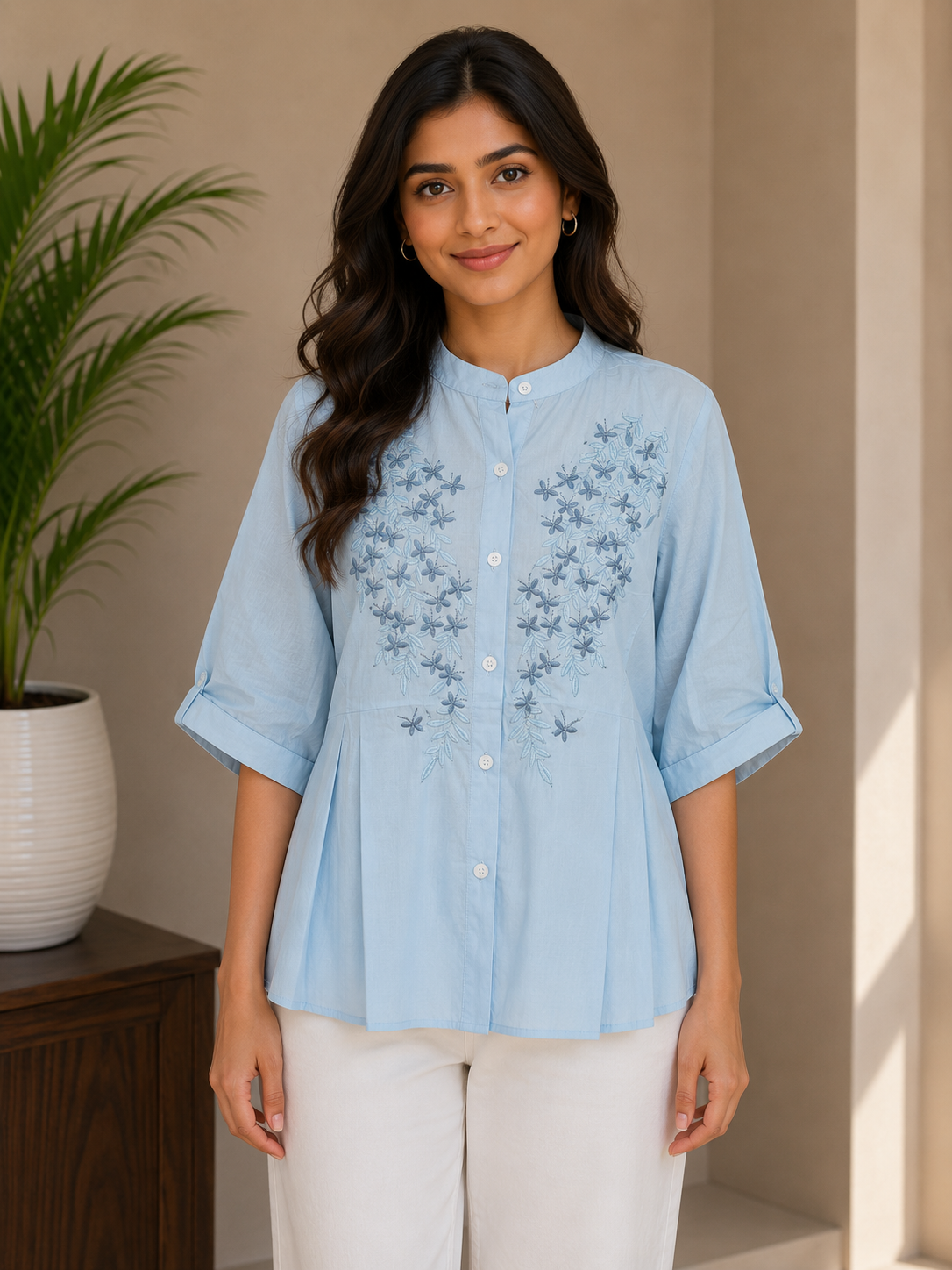Dusty Blue Embroidery Shirt