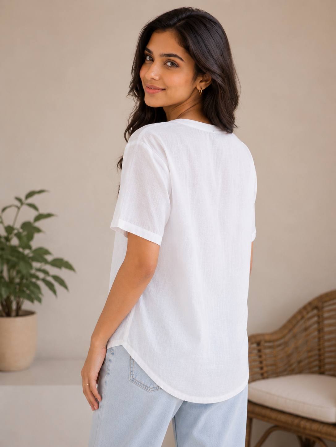 White Printed Round Neck Top