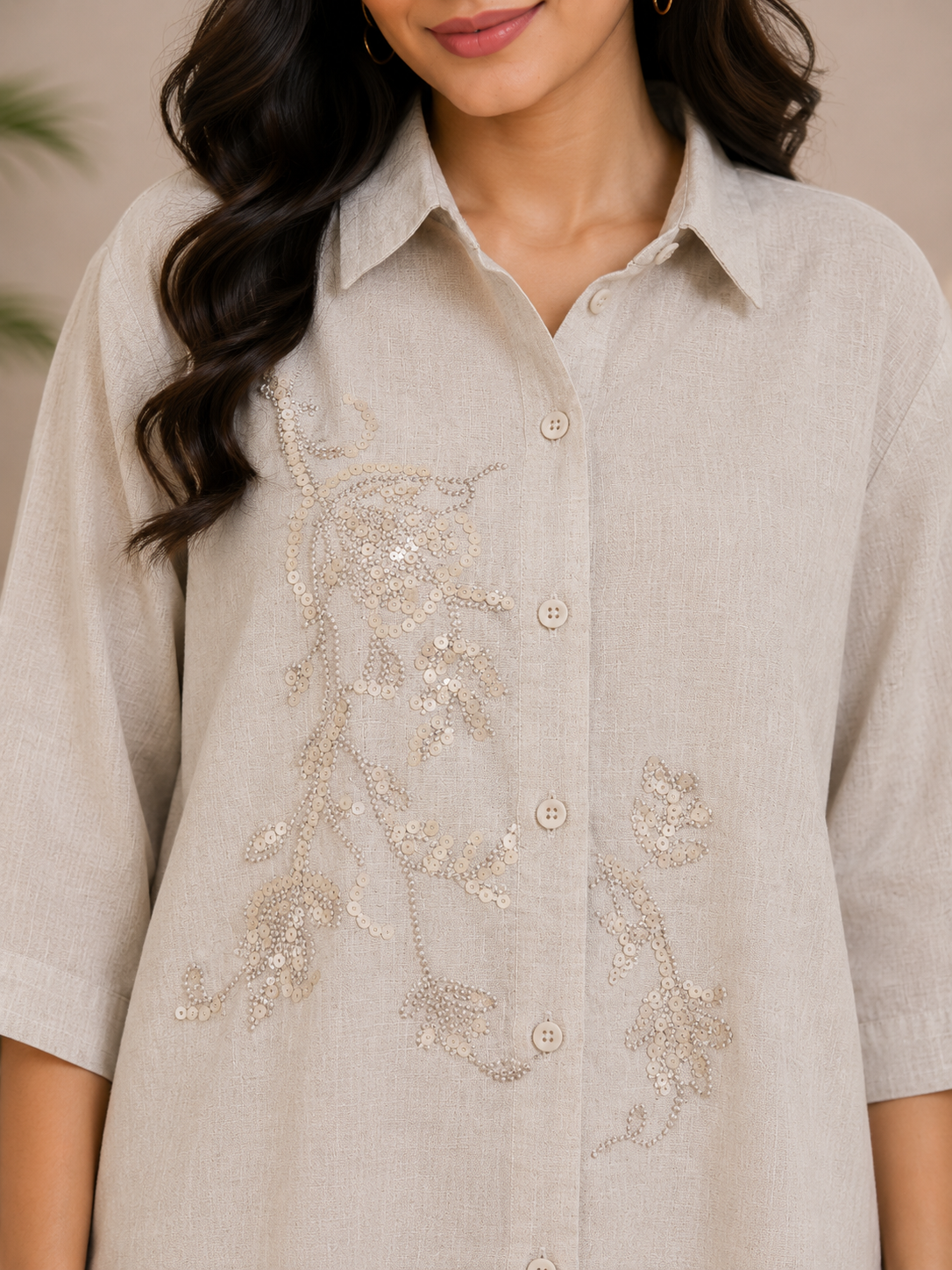 Beige Sequence Work Shirt