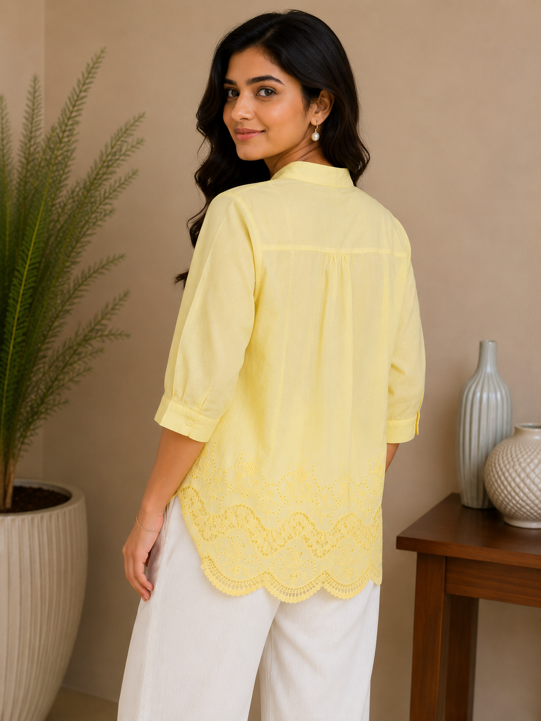 Milky Yellow Chinese Collar Shirt