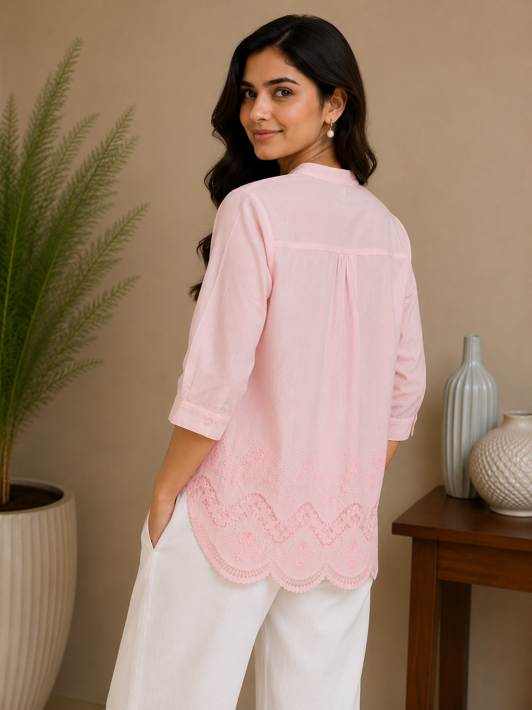 Baby Pink Chinese Collar Shirt