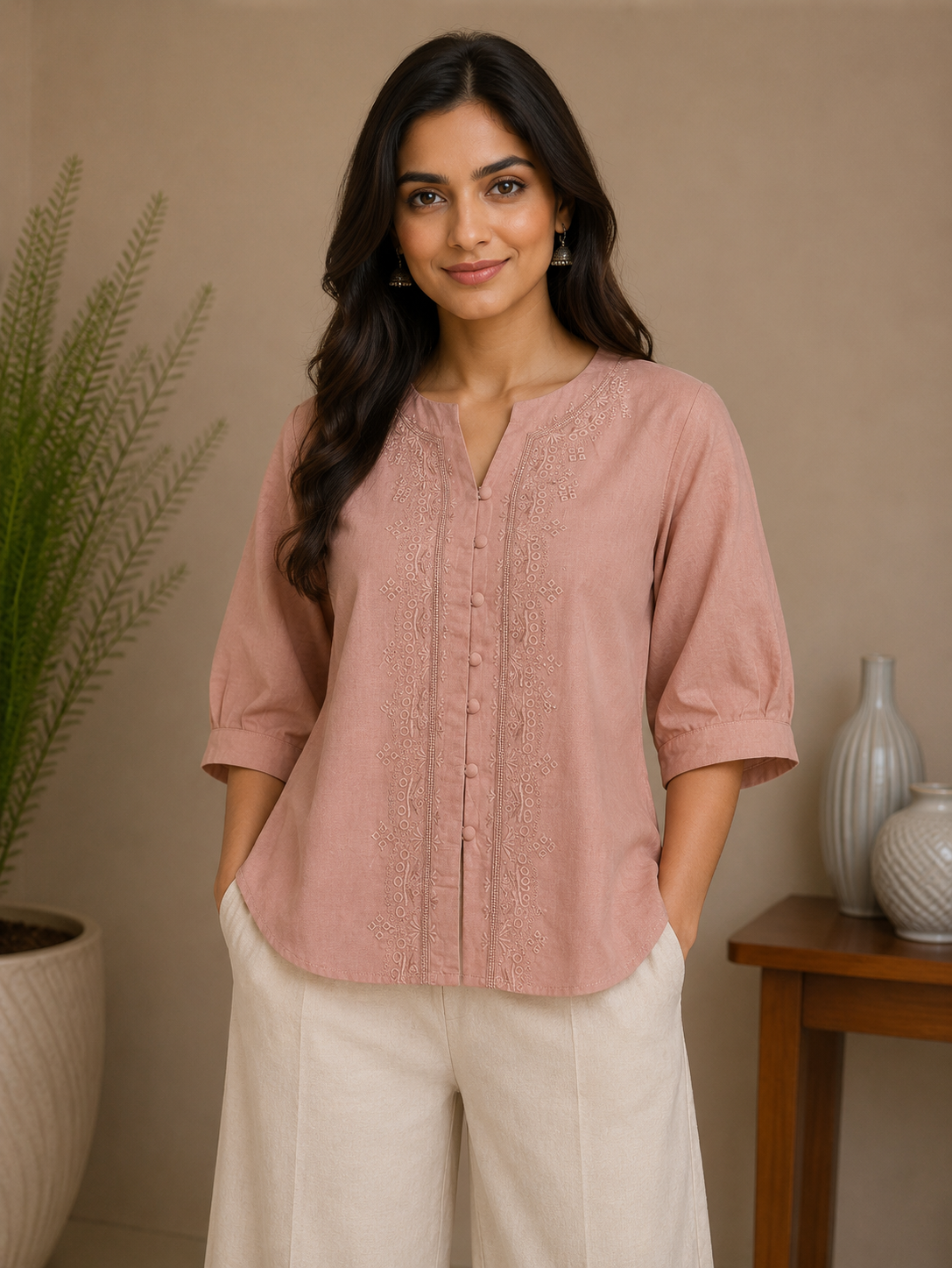 Dusty Pink Thread Work Embroidery Shirt
