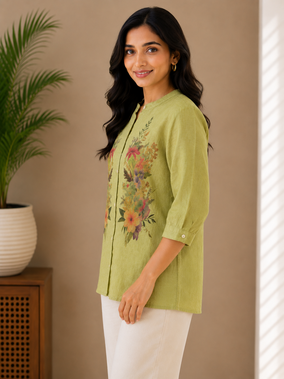 Green Printed Linen Shirt