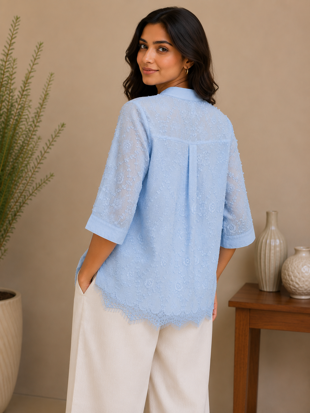 Sky Blue Allover Embroidery Shirt