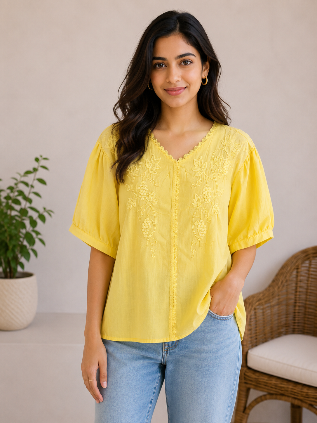 Milky Yellow Flower Embroidery Top