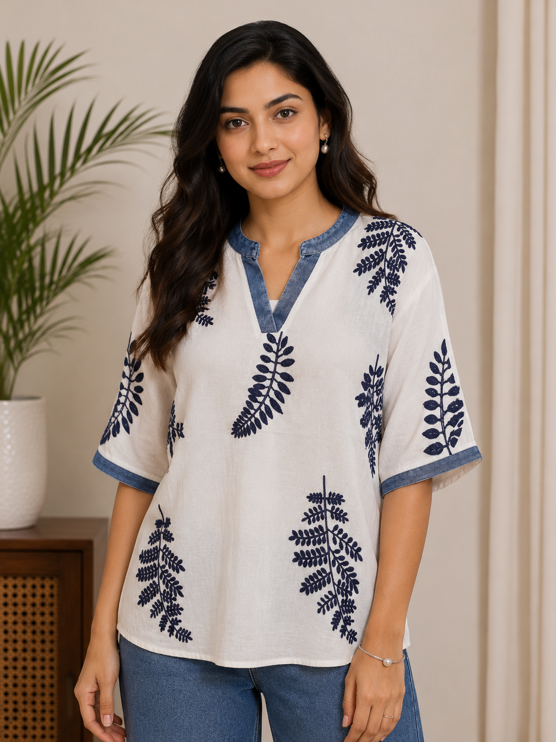 White Denim Flower Top