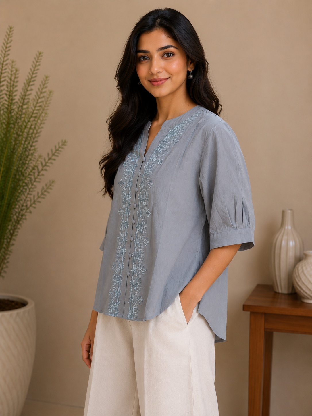 Slate Blue Thread Work Embroidery Shirt