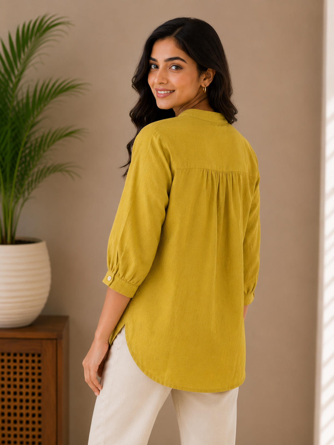 Dusty Yellow Printed Linen Shirt