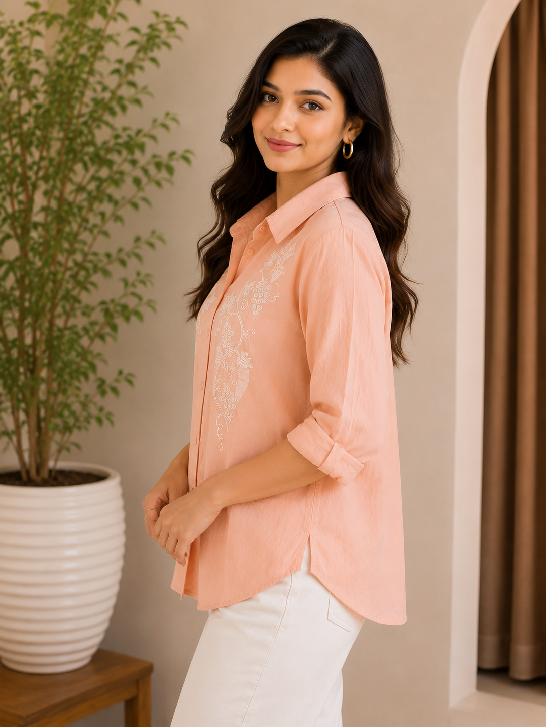 Peach Self Embroidery Shirt