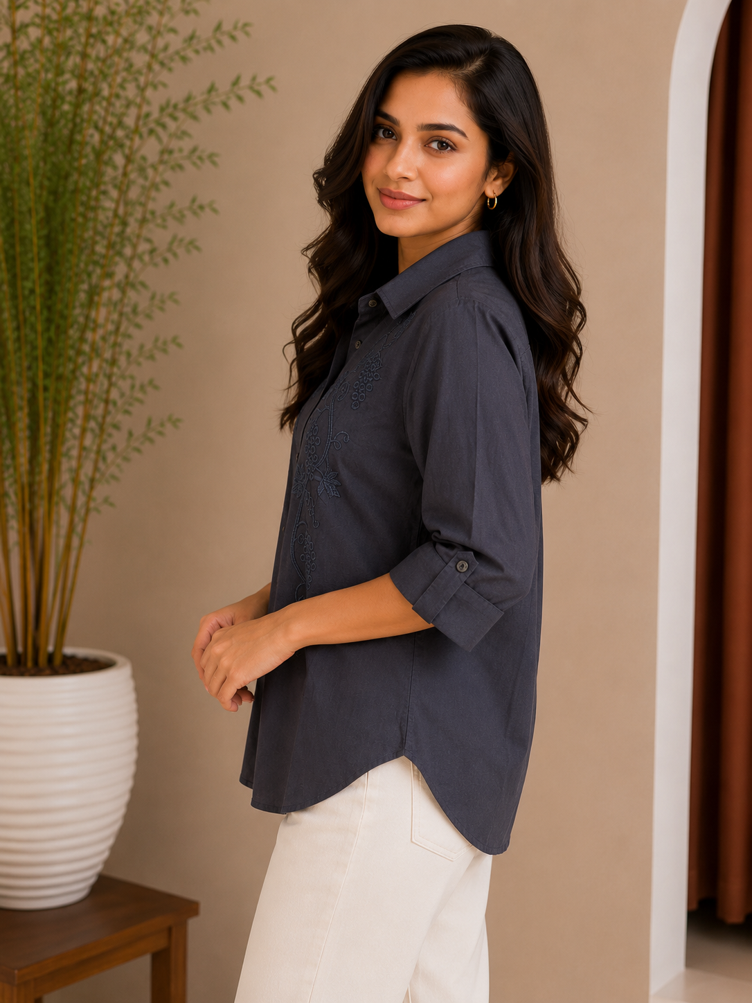 Dark Blue Self Embroidery Shirt
