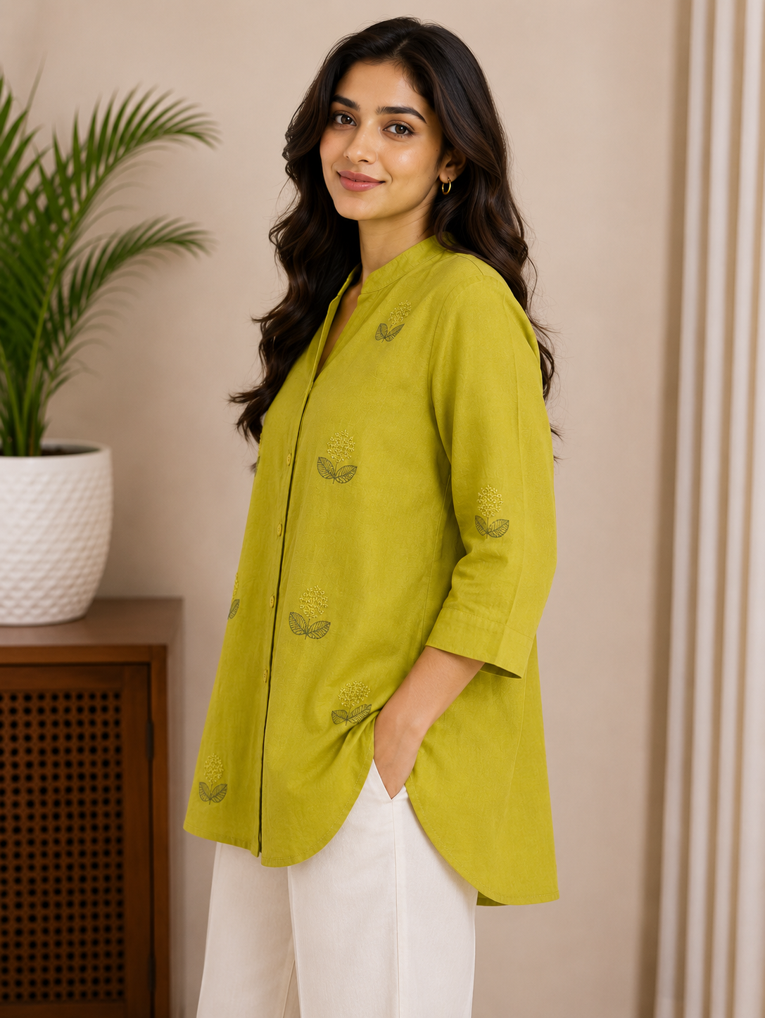 Mehendi Green Leaf Embroidery Shirt