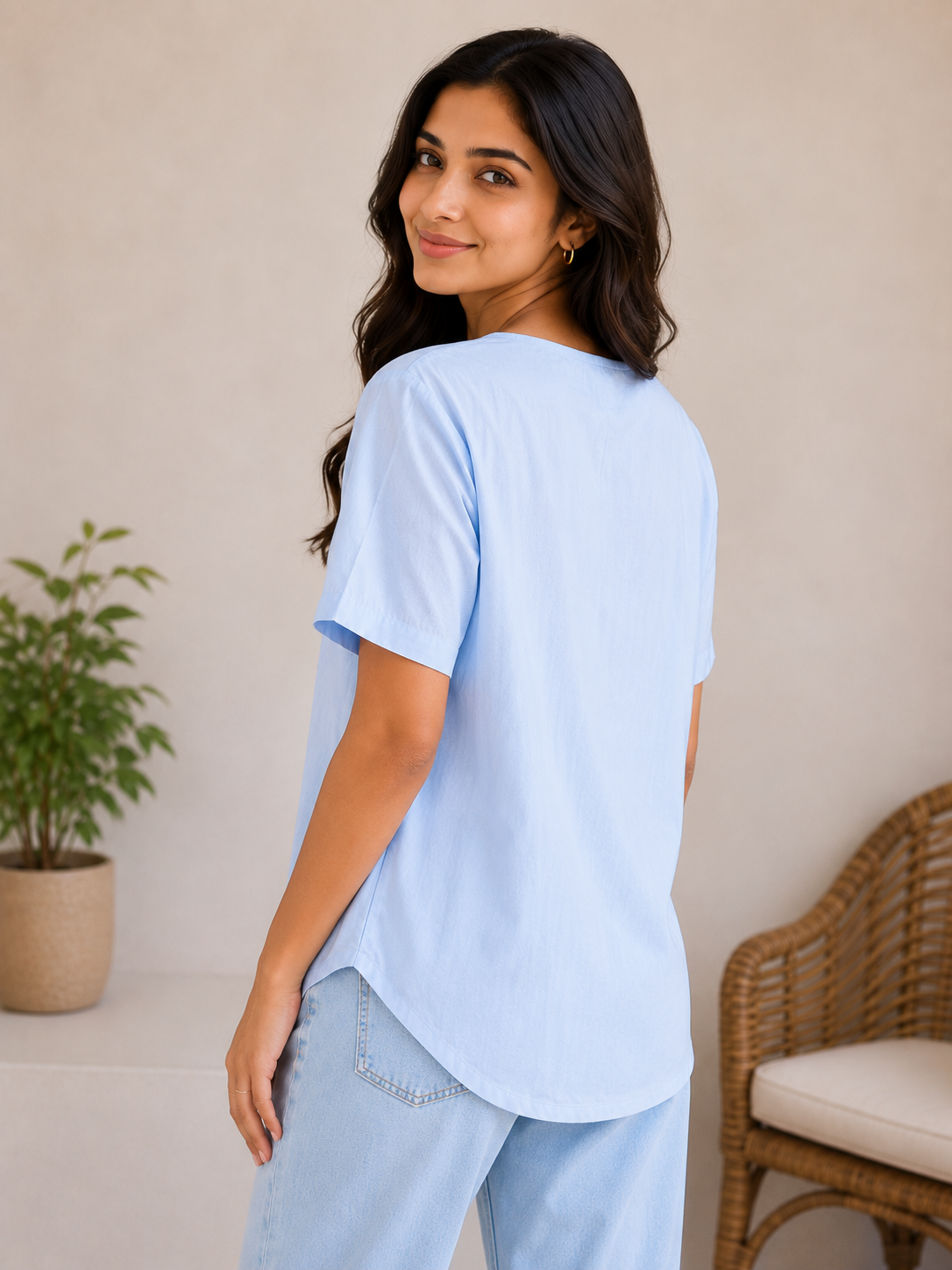 Skyblue Printed Round Neck Top