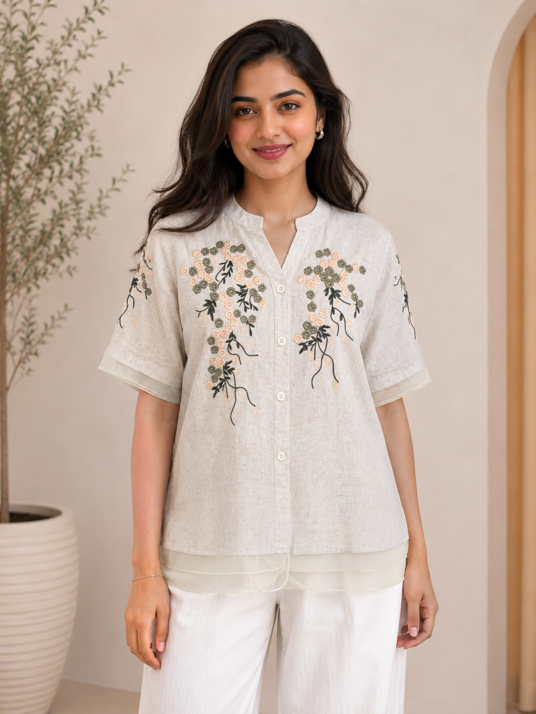 Beige Green Flower Embroidery Shirt