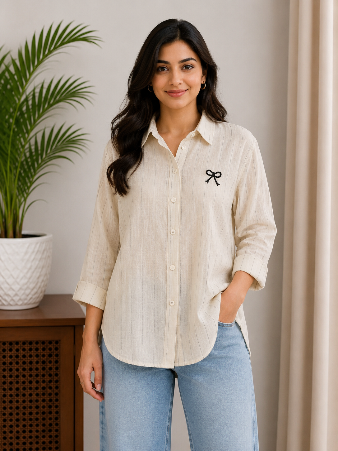 Beige Lining Bow Shirt