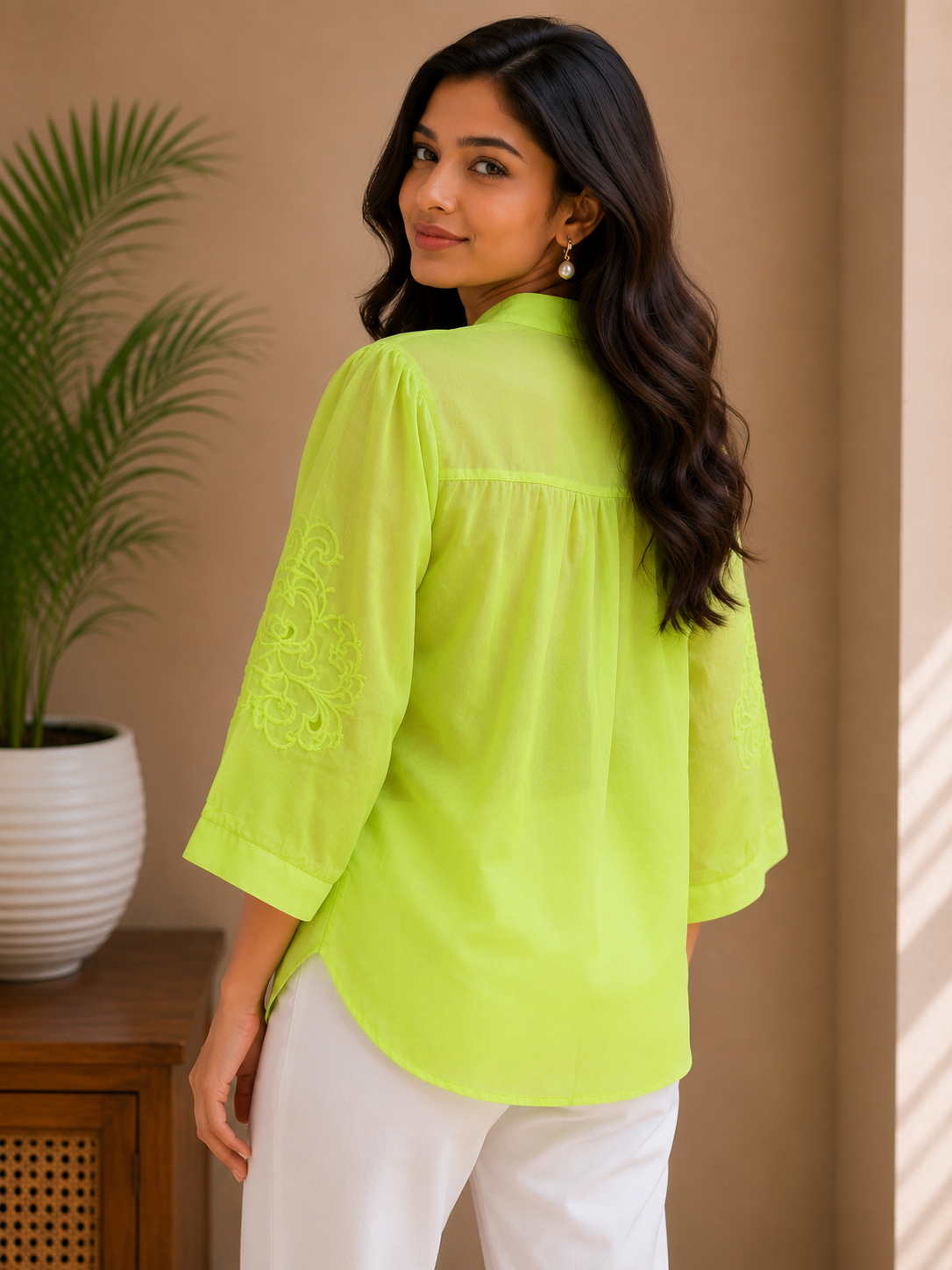 Florescent Green Cut Work Organza Shirt