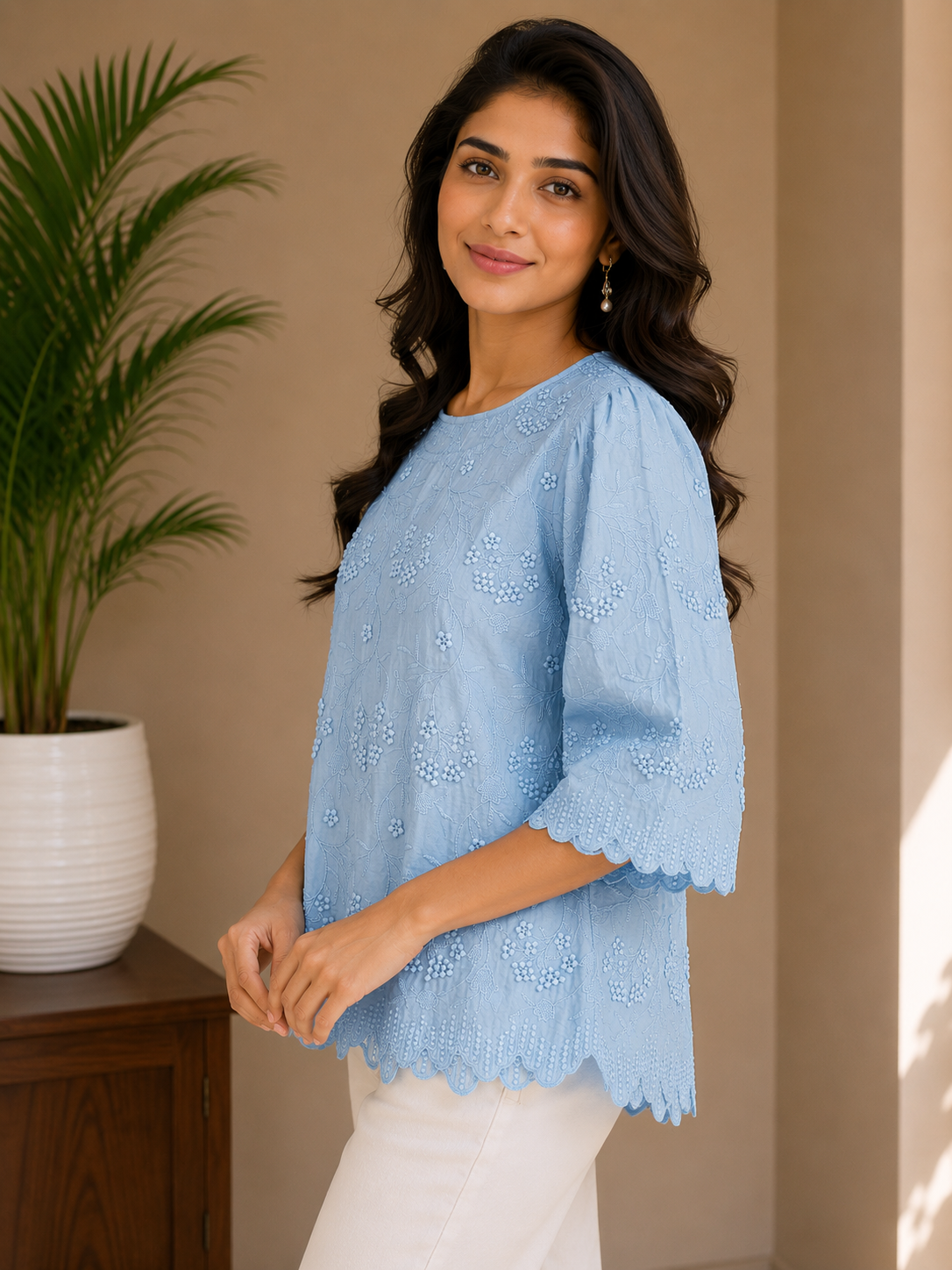 Sky Blue Allover Embroidery Top