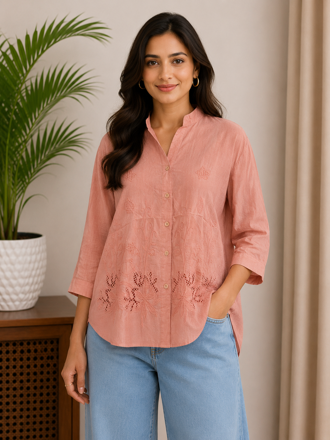 Brick Red Cutwork Shirt