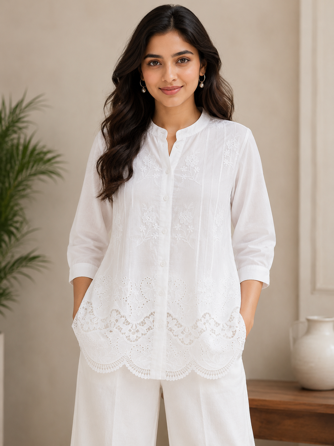White Chinese Collar Shirt