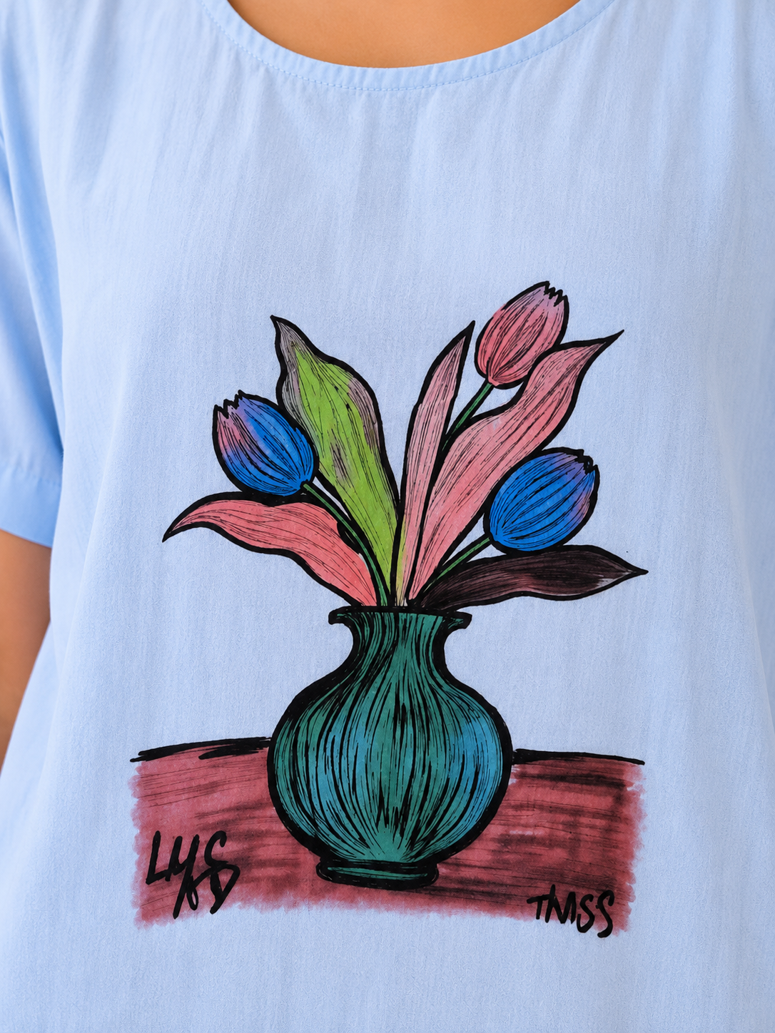 Skyblue Printed Round Neck Top