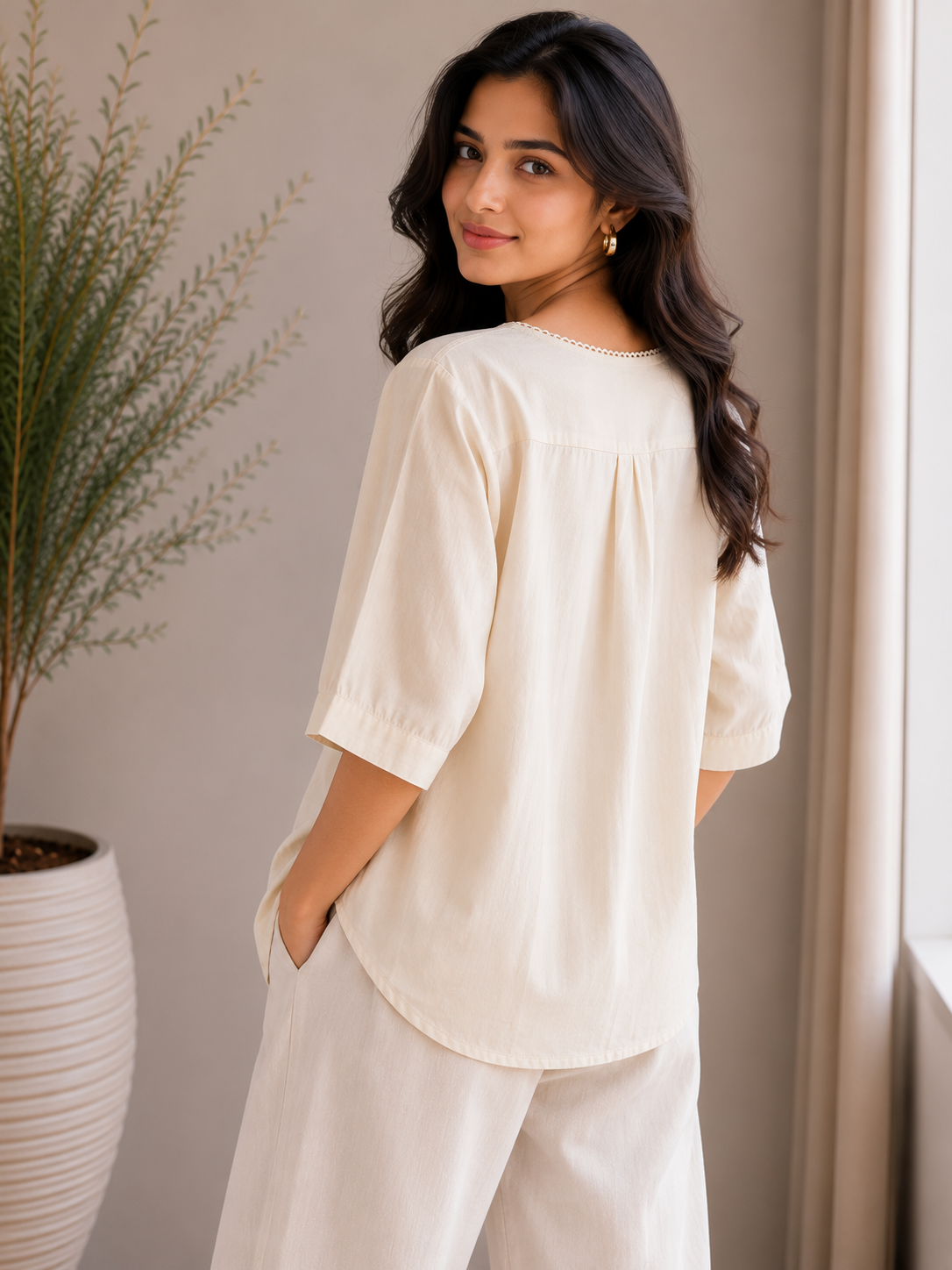 Cream Flower Embroidery Top