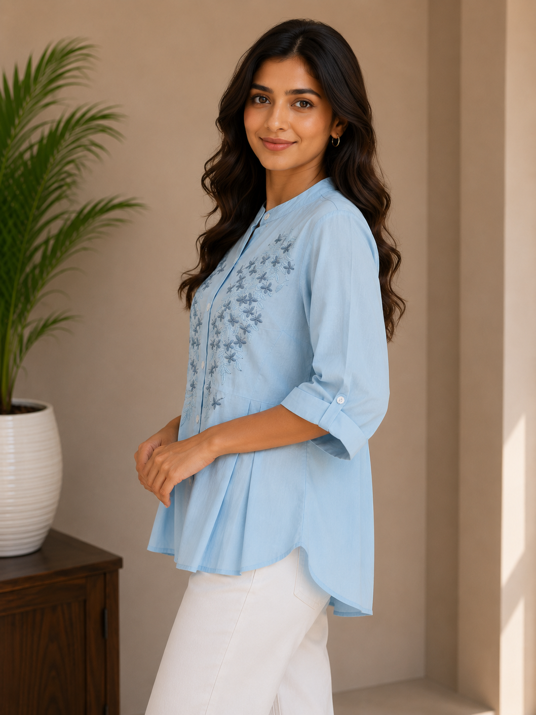 Dusty Blue Embroidery Shirt