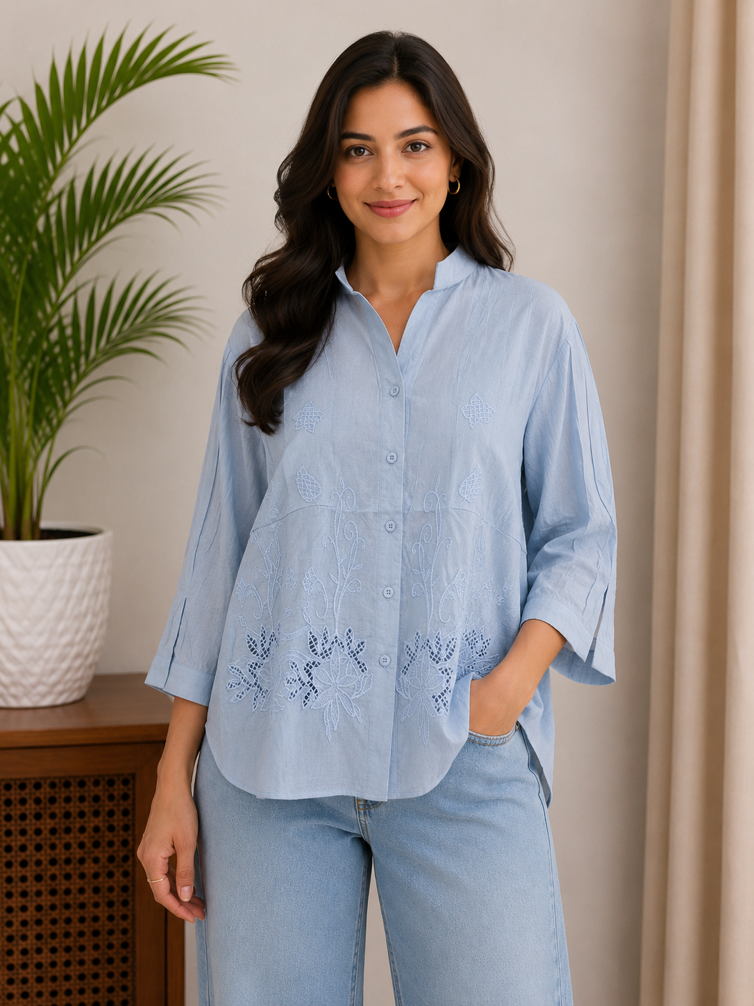 Dusty Blue Cutwork Shirt