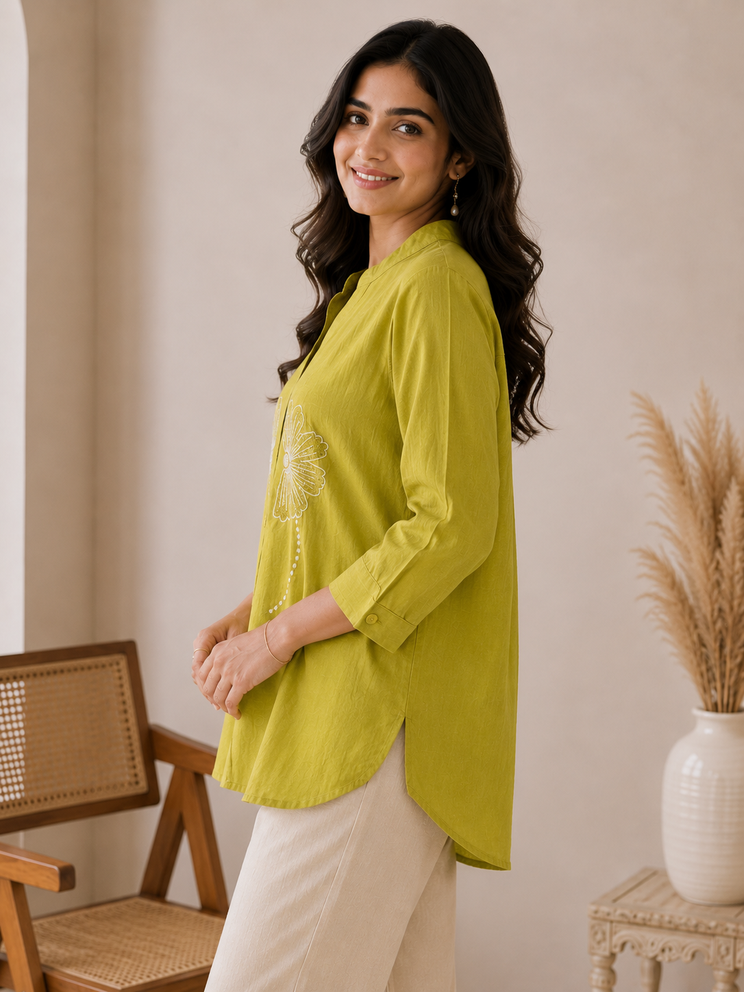 Mahendi Green V Neck Top