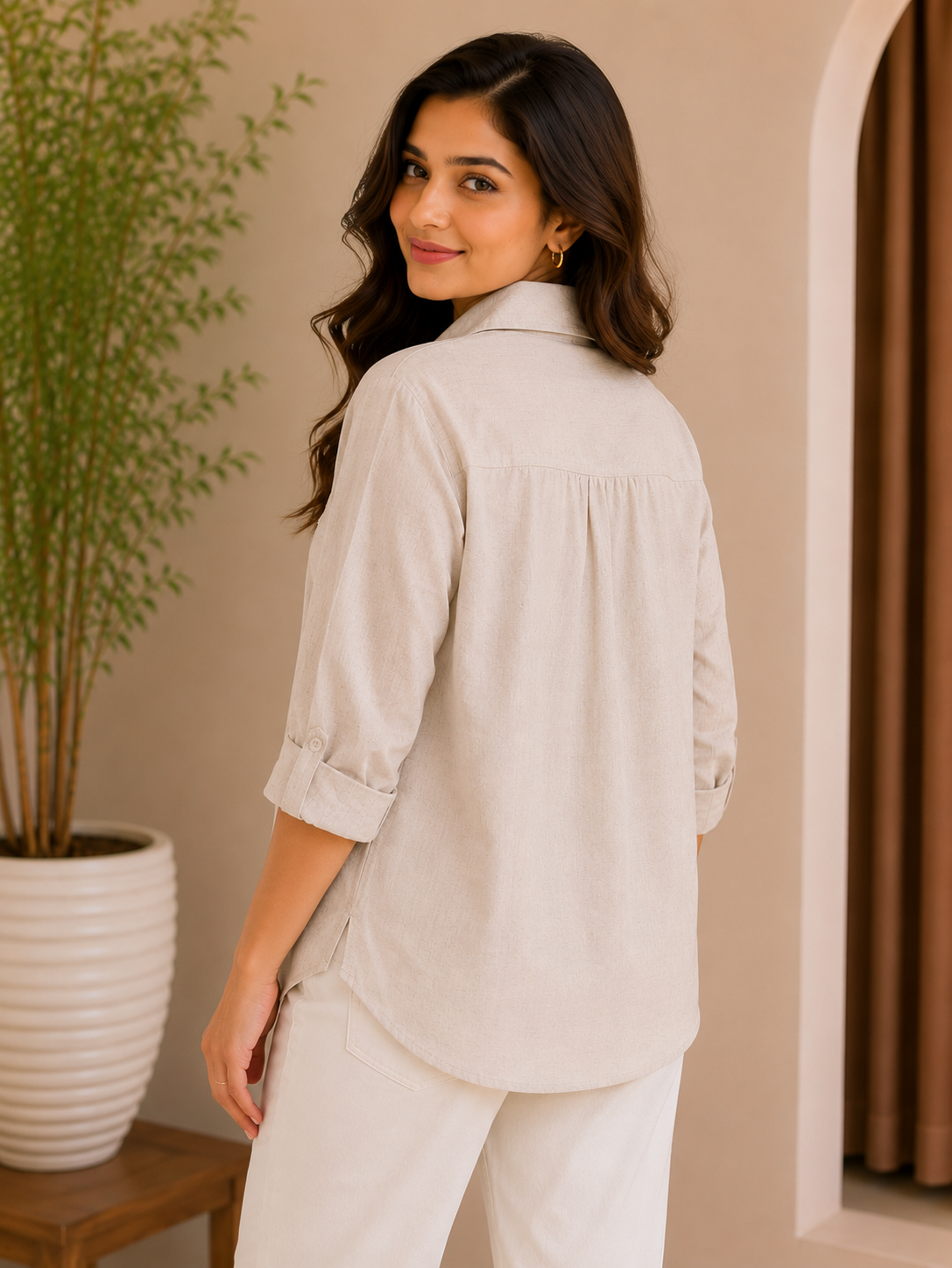 Beige Self Embroidery Shirt