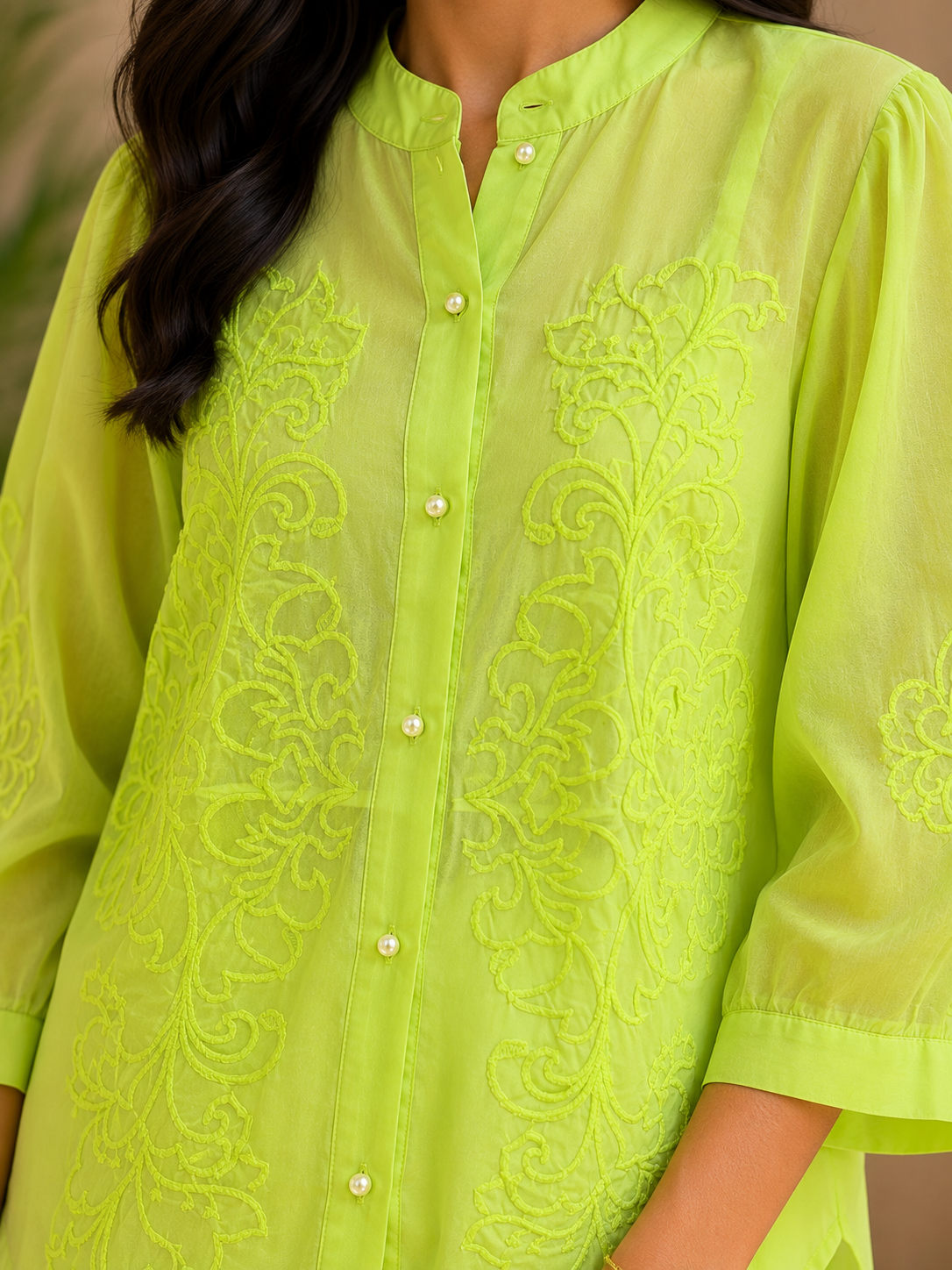 Florescent Green Cut Work Organza Shirt