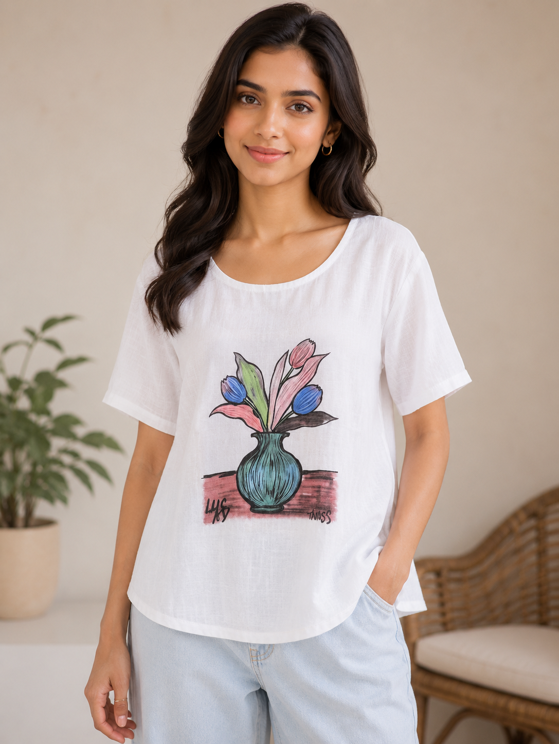 White Printed Round Neck Top