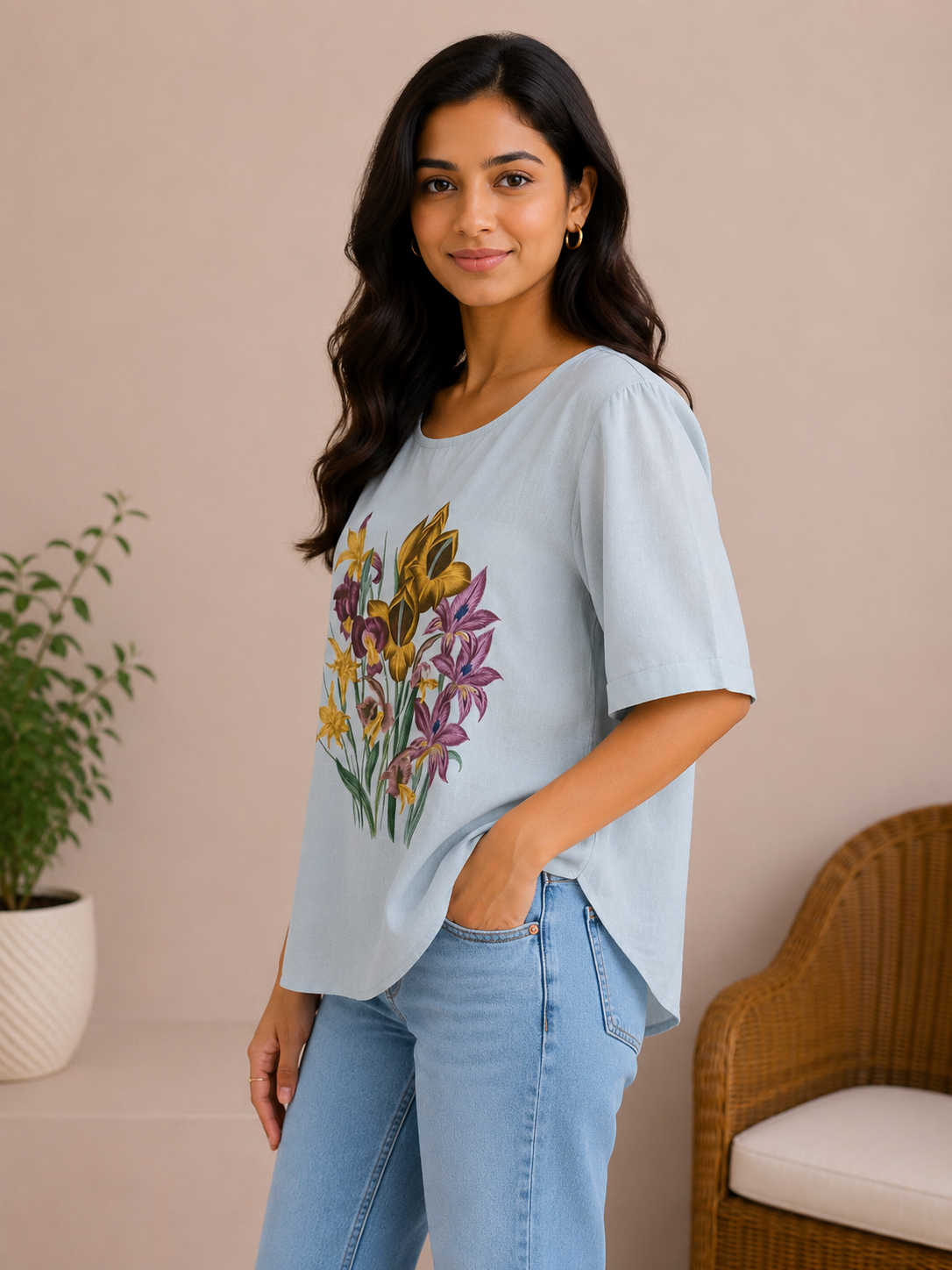 Sky Blue Flower Print Top