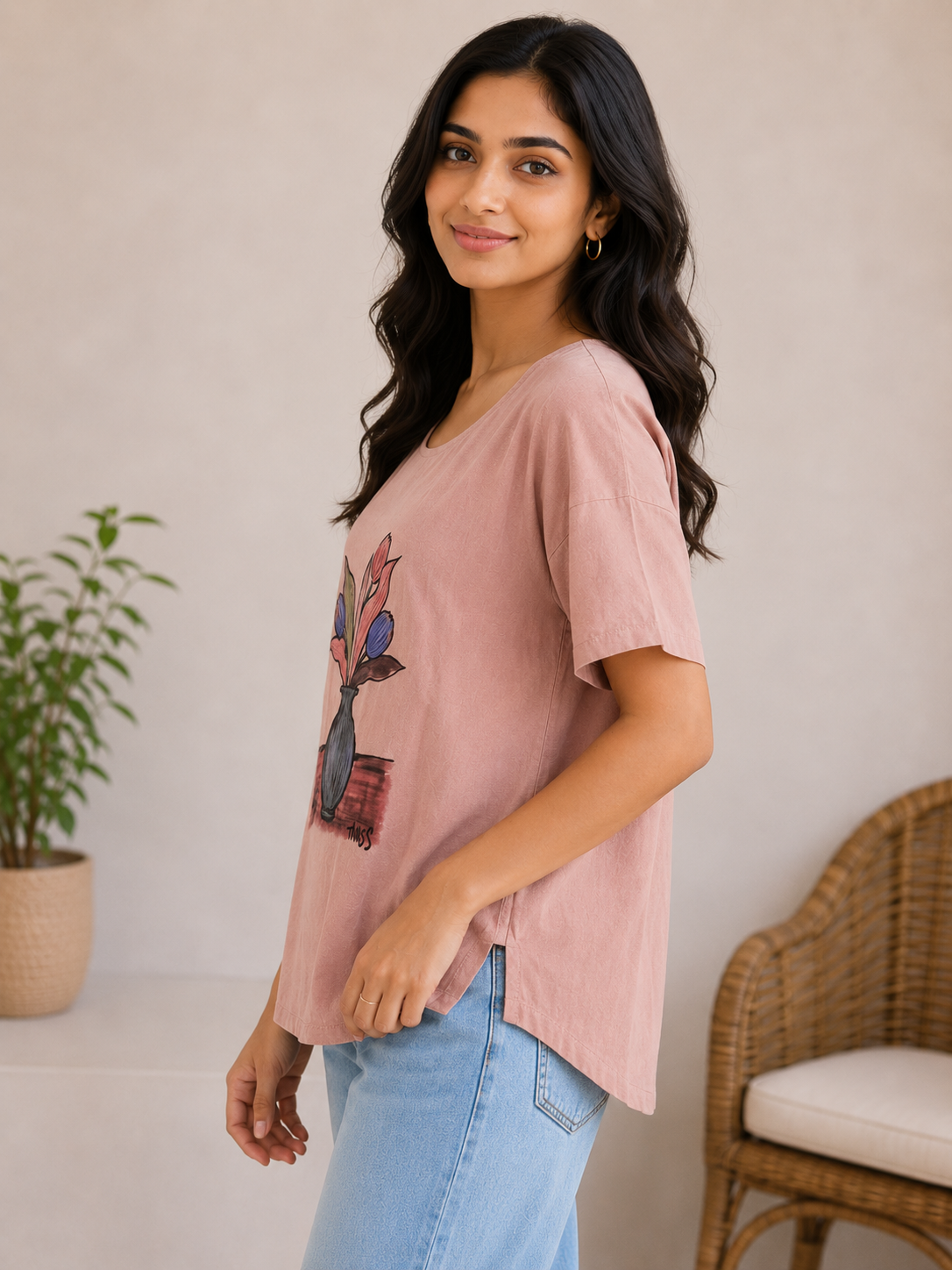 Choco Brown Printed Round Neck Top