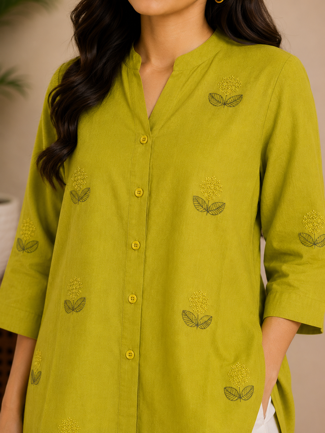 Mehendi Green Leaf Embroidery Shirt