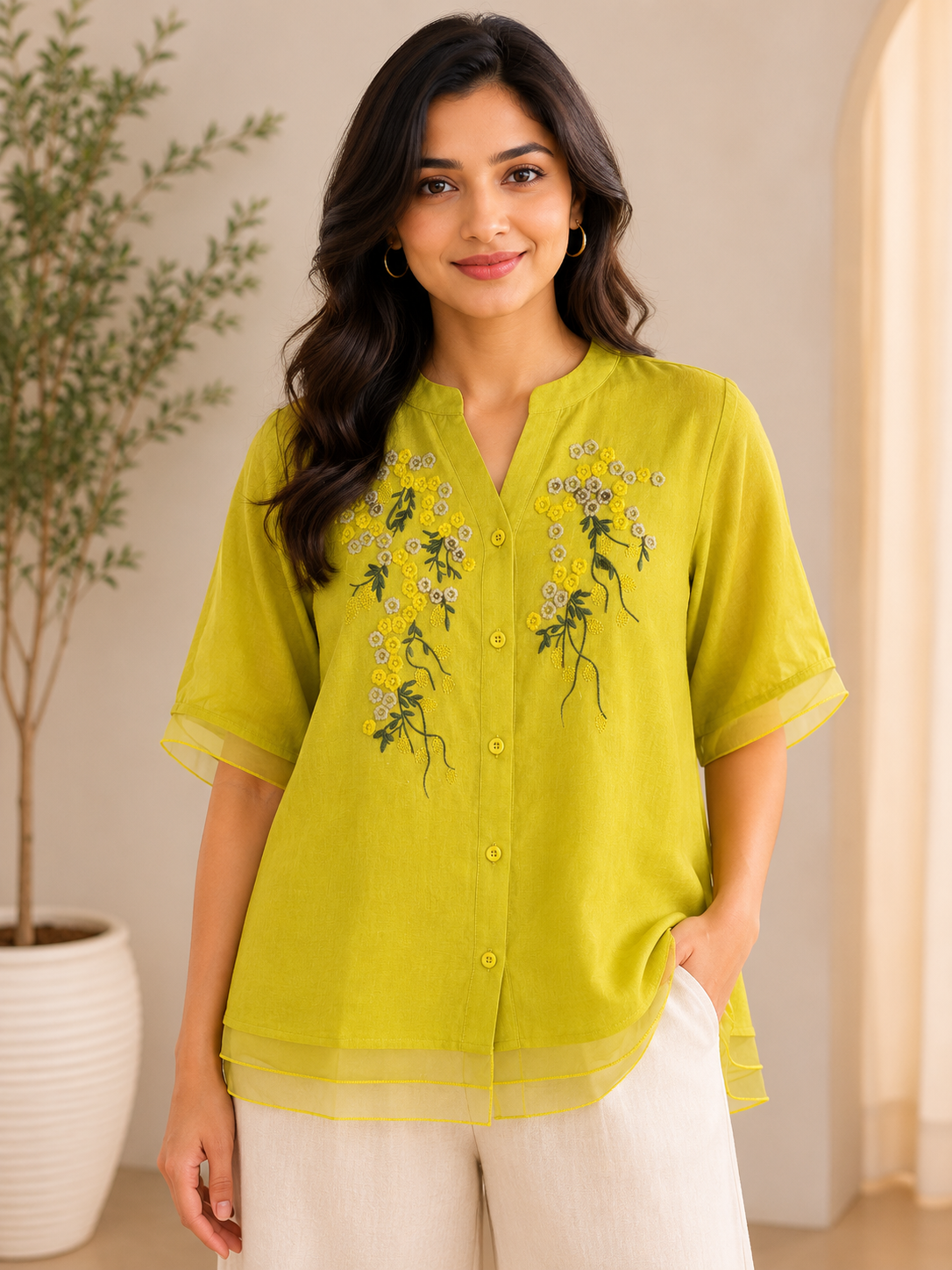 Mahendi Green Flower Embroidery Shirt