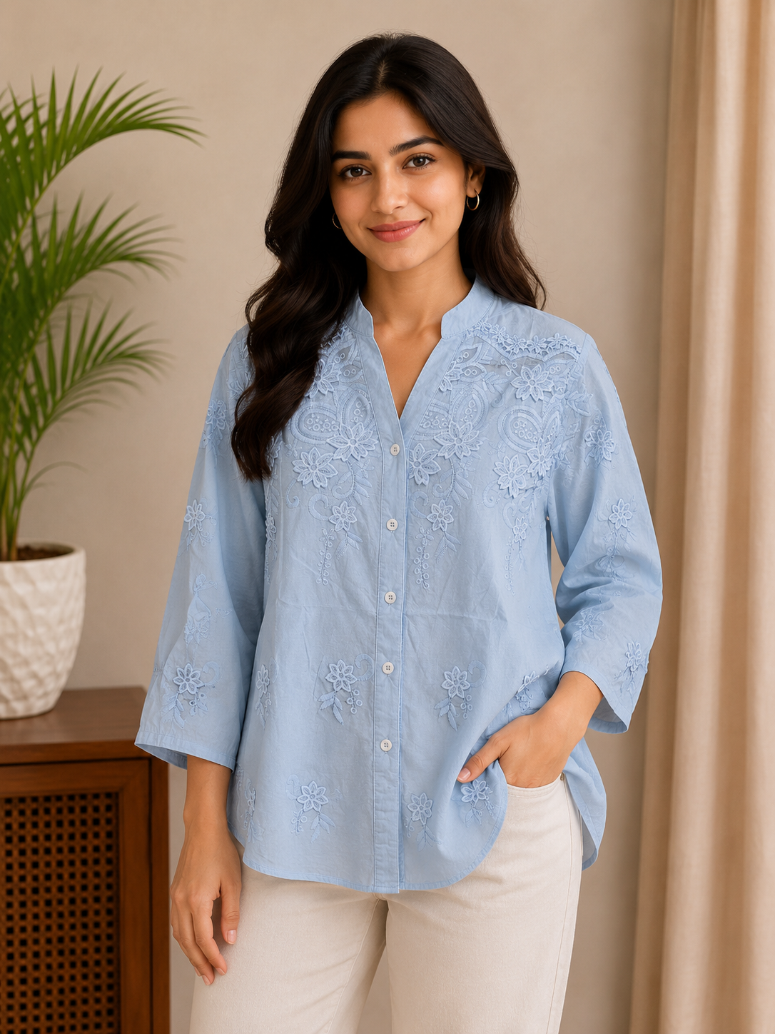 Blue Sequin Flower Shirt