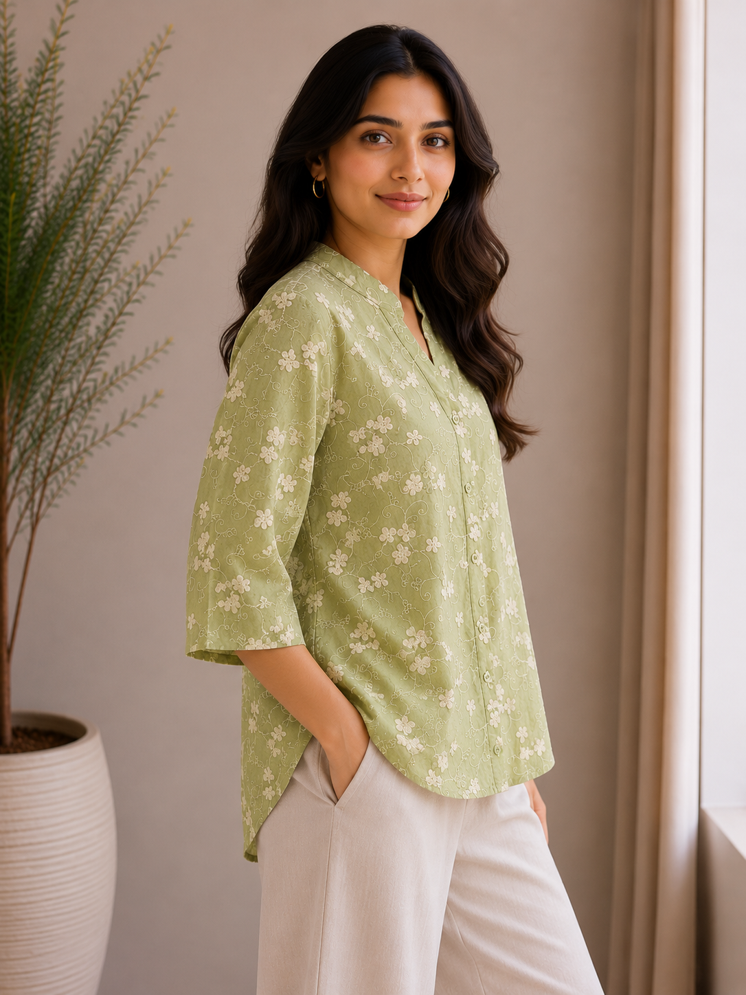 Pista Green Allover Embroidery Shirt