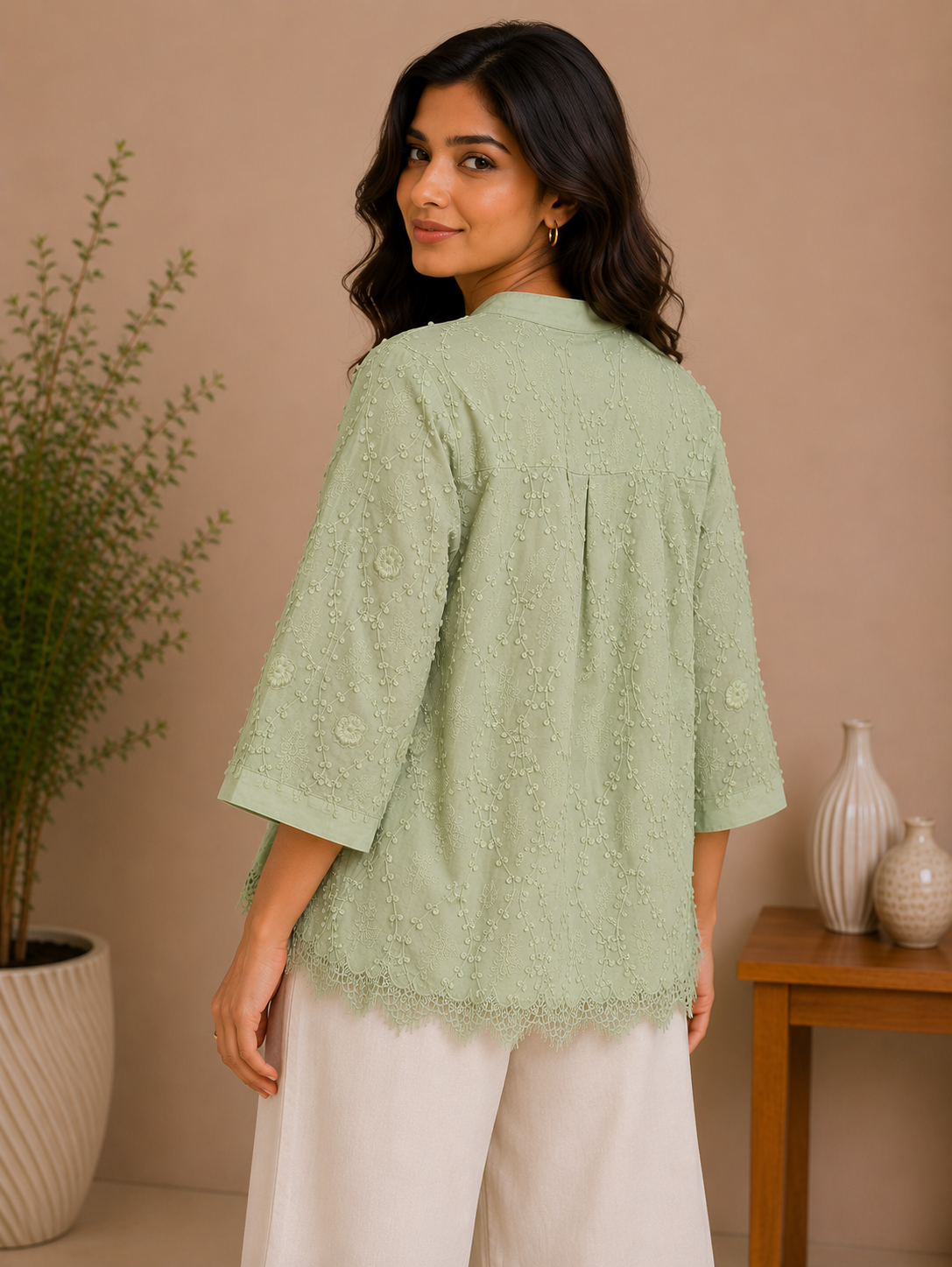 Dusty Green Allover Embroidery Shirt