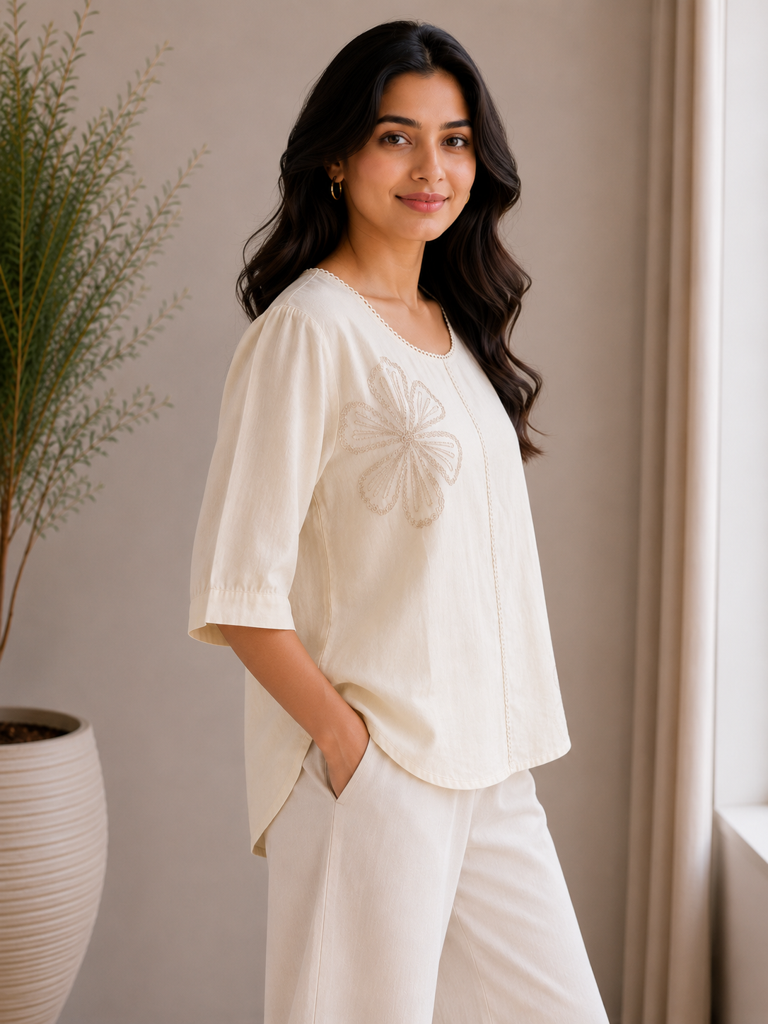 Cream Flower Embroidery Top