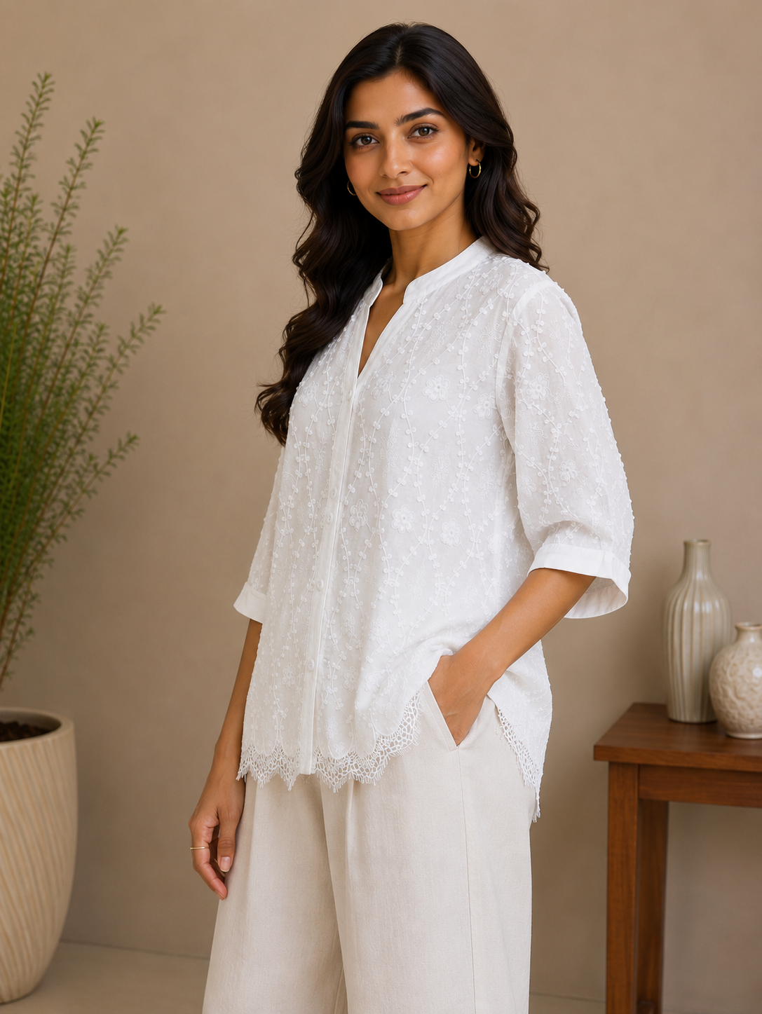 White Allover Embroidery Shirt