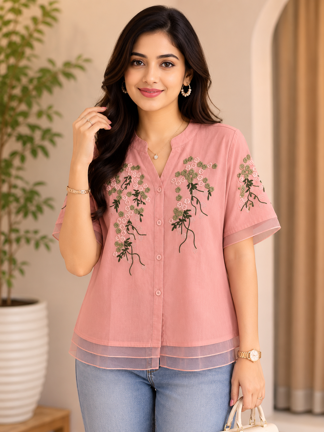 Dusty Pink Green Flower Embroidery Shirt