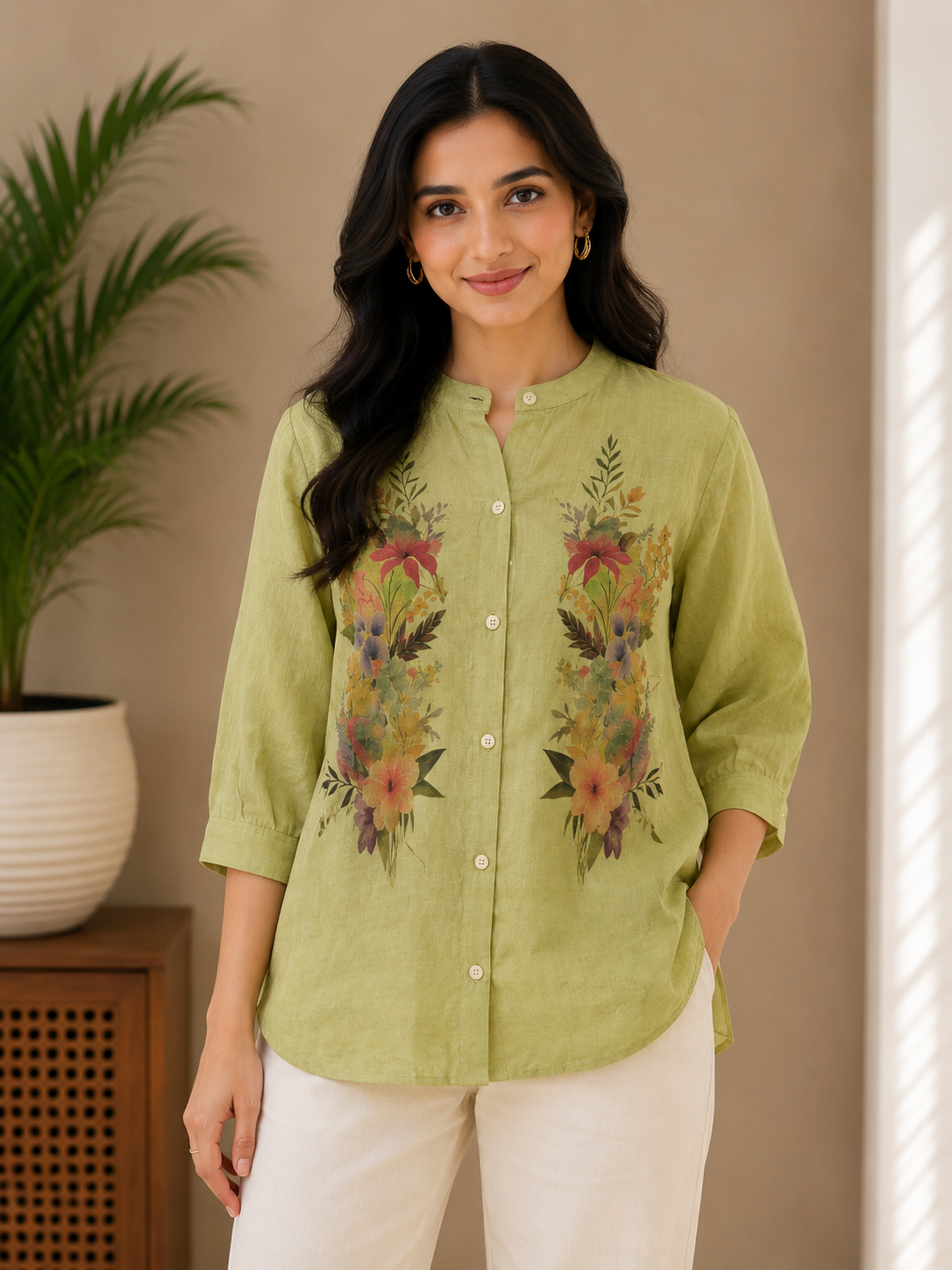 Green Printed Linen Shirt