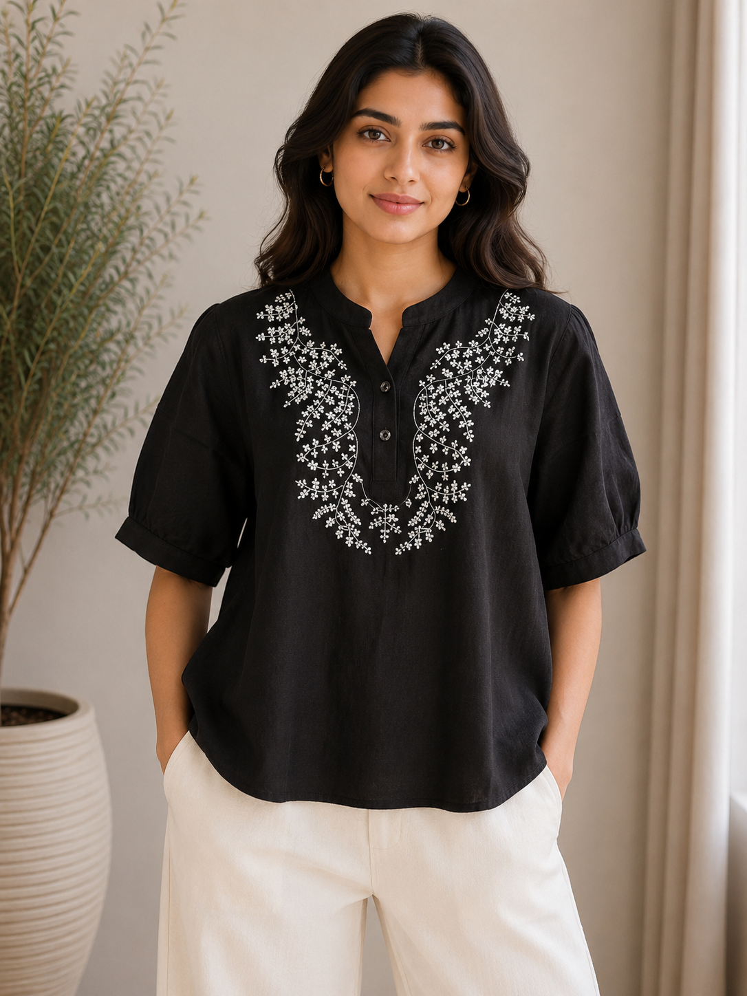 Black White Embroidery Top