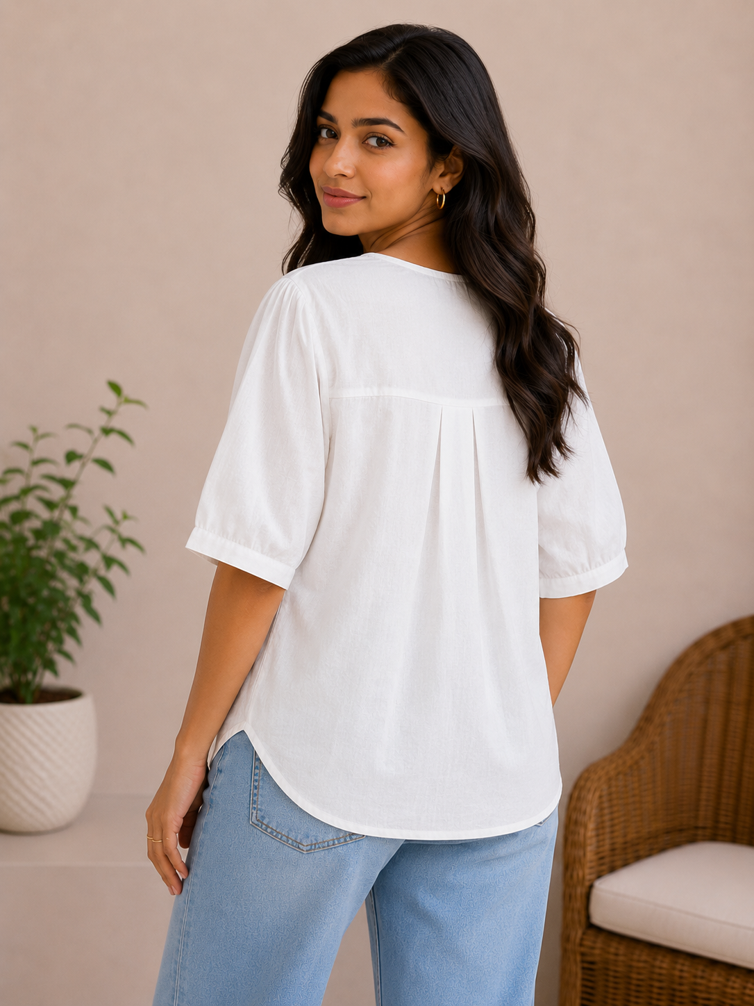 White Flower Print Top