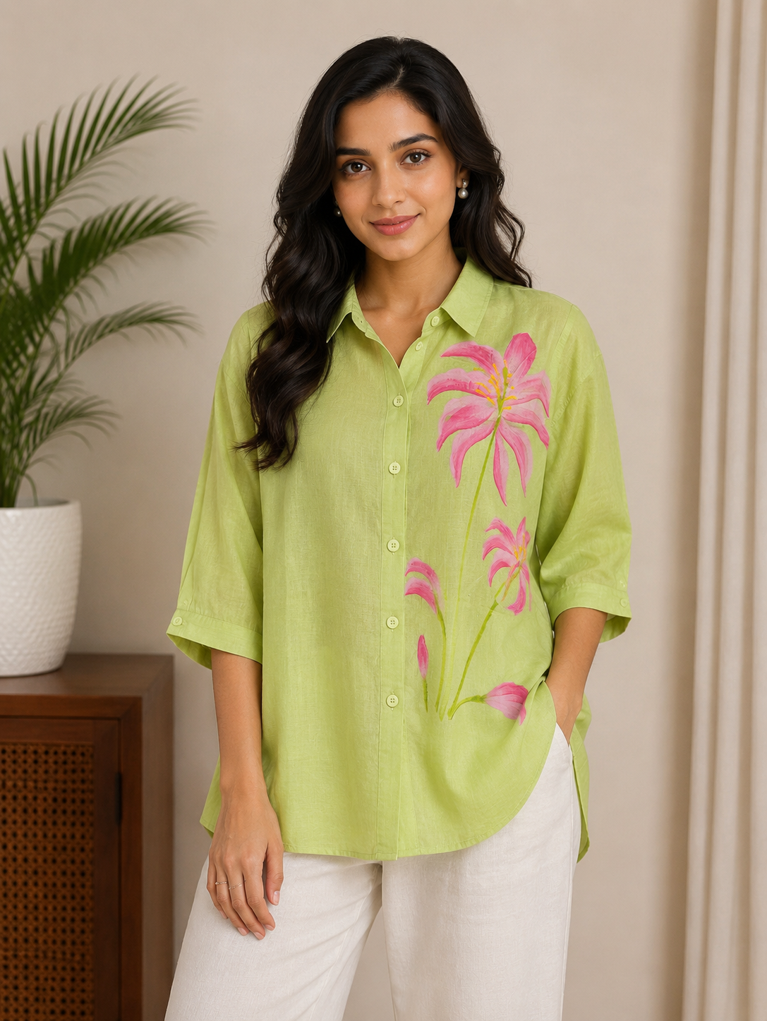 Dusty Green Pink Flower Print Shirt