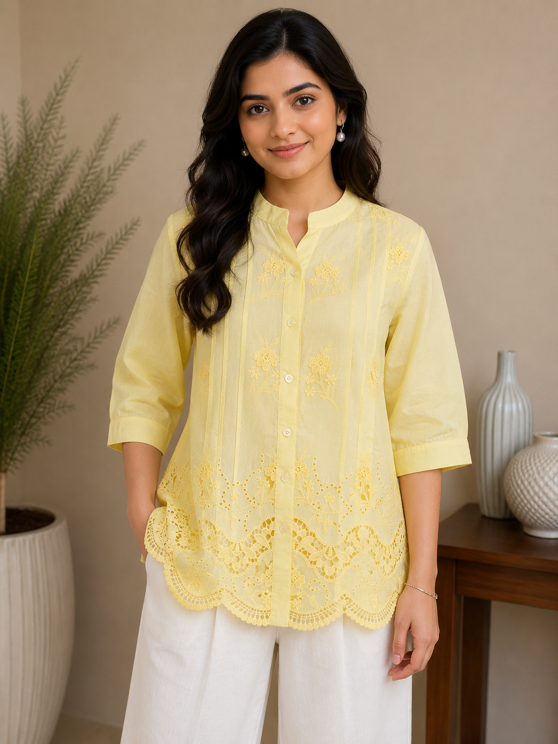 Milky Yellow Chinese Collar Shirt