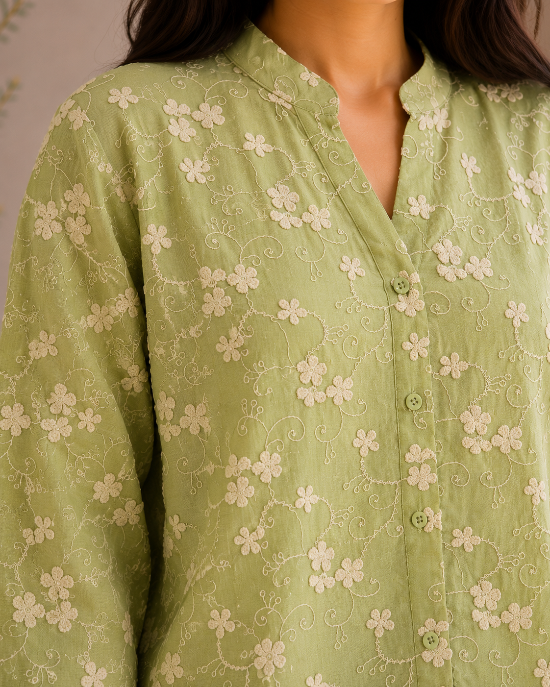 Pista Green Allover Embroidery Shirt