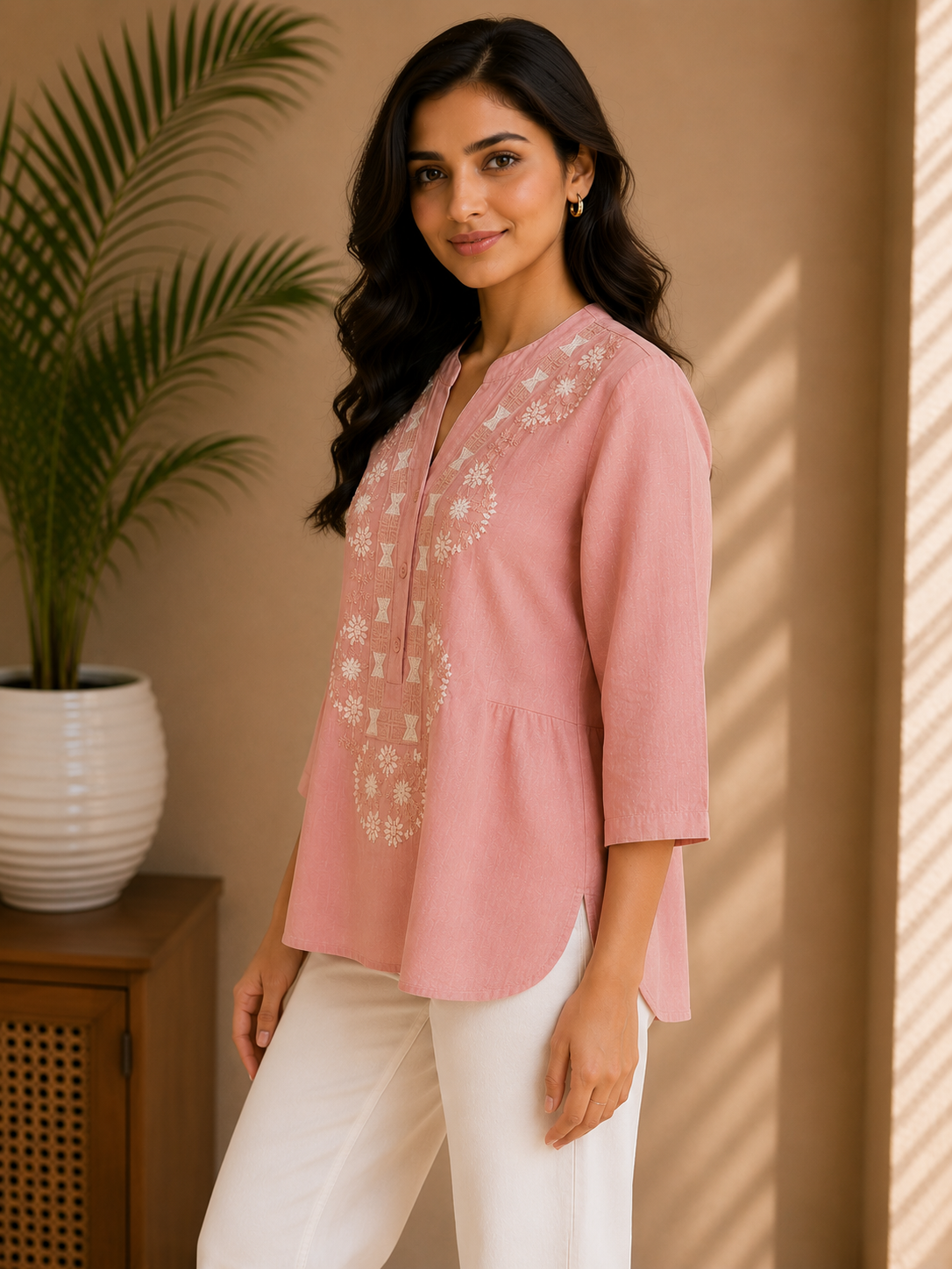 Dusty Peach Petal Self Embroidery Top