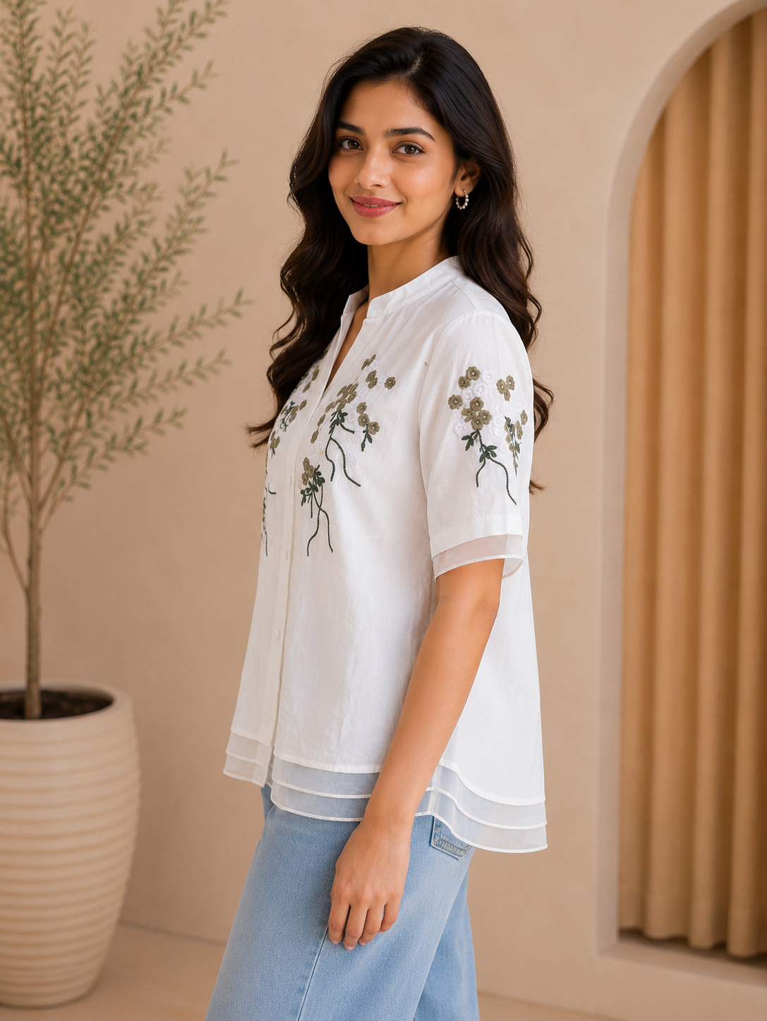White Green Flower Embroidery Shirt
