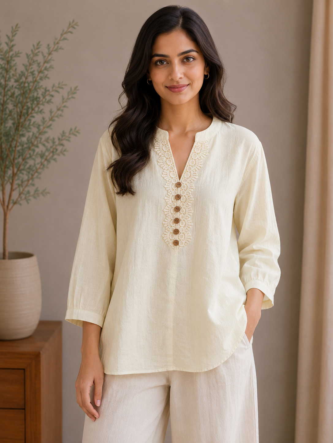Cream V Neck Top