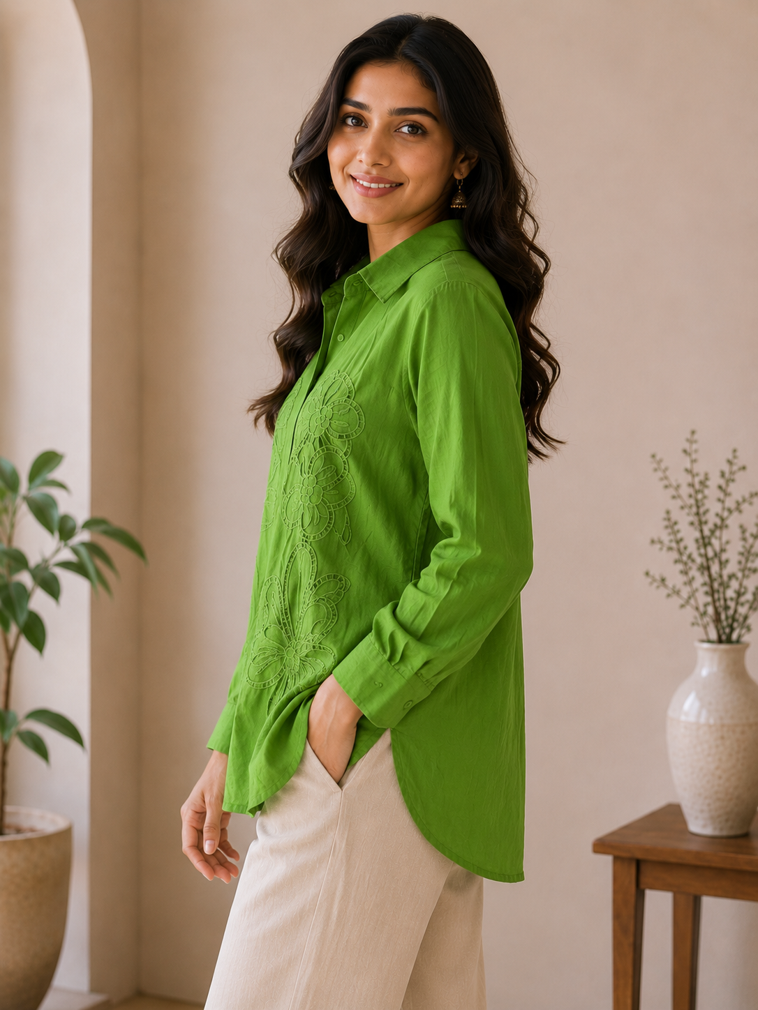 Dark Green Self Embroidery Shirt
